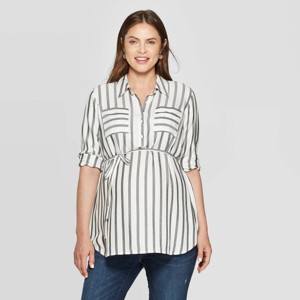 Maternity Striped Long Sleeve Collared Popover Tunic Top - Isabel Maternity by Ingrid & Isabel White/Black M, Women