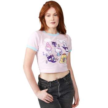 Hello Kitty & Friends Smell The Flowers Glitter Print Crew Neck Short Sleeve Pink Women's Crop TopTee