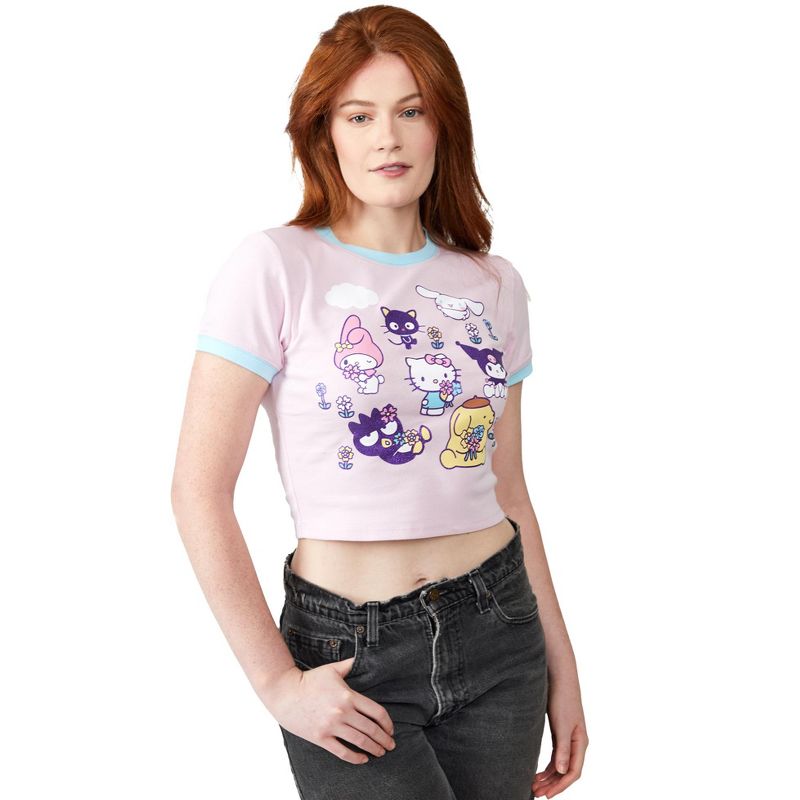 Hello Kitty & Friends Smell The Flowers Glitter Print Crew Neck Short Sleeve Pink Women's Crop TopTee, 1 of 4