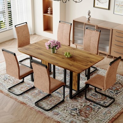 NicBex Dining Table Set for 6 Kitchen Table Wood-Textured MDF Dining Table Set with 6 Brown Suede Chairs for Dining Room