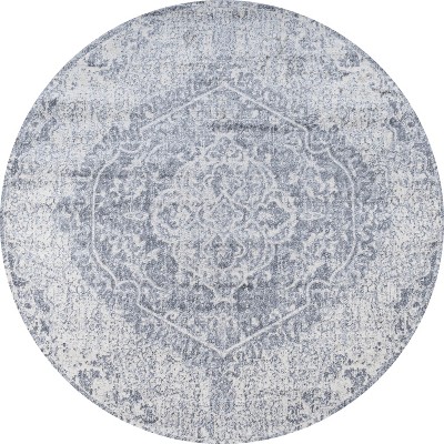 Gray Round Reversible Synthetic Medallion Rug