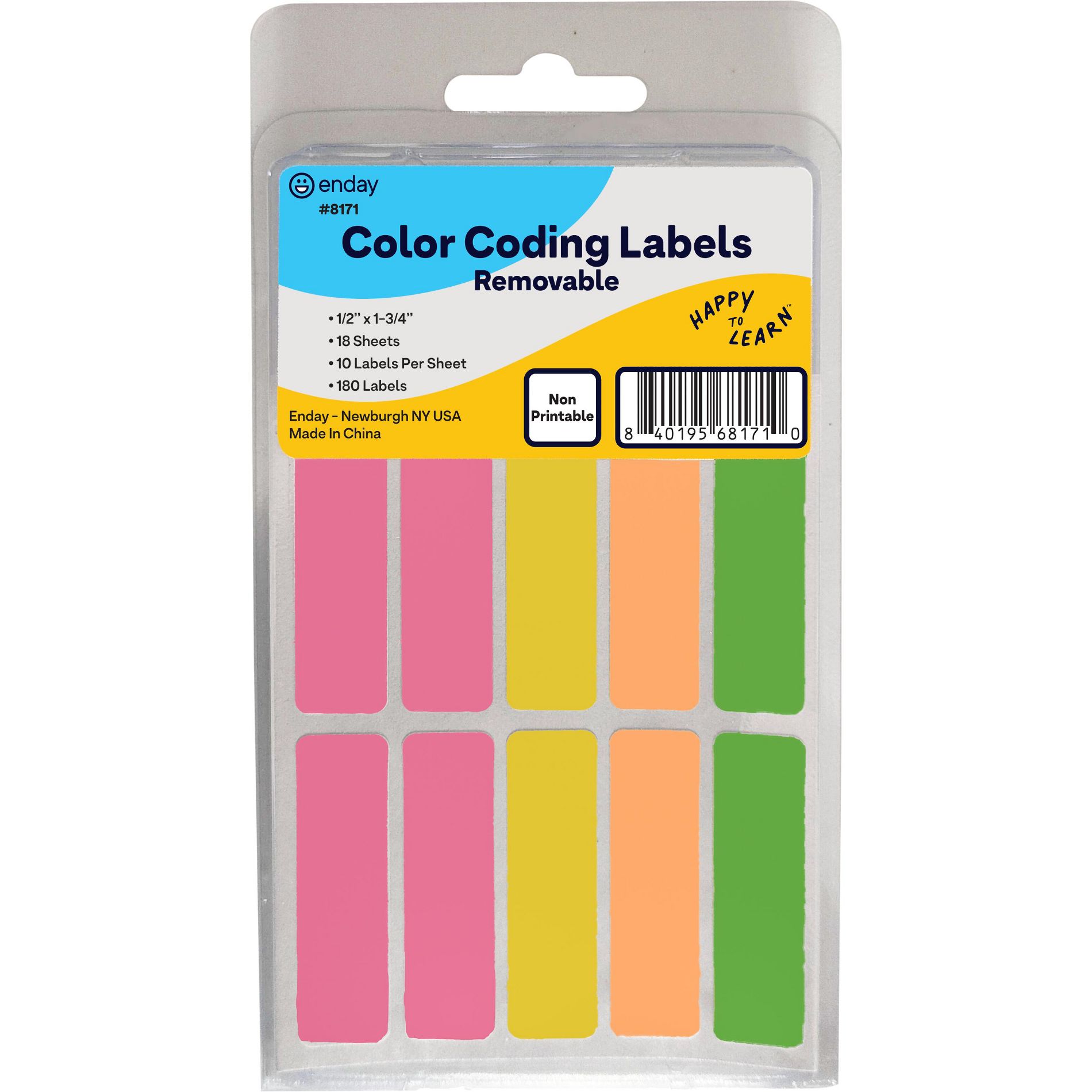 Color-Coding Removable Labels, 1/2" x 1-3/4", Assorted Neon, Non-Printable, 180 Rectangle Labels Total
18 Sheets, 10 Labels Per Sheet