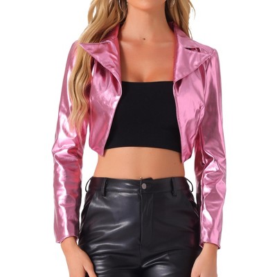 INSPIRE CHIC Women's Long Sleeve Lapel Crop Shiny Party Metallic Jacket