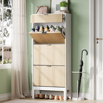 Garvee Shoe Storage Cabinet with 2/3/4 Flip Drawers,Farmhouse Fluted Shoe Organizer,Freestanding Hidden Slim Narrow Shoe Rack for Entryway,Foyer