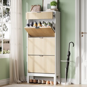 Garvee Shoe Storage Cabinet with 2/3/4 Flip Drawers,Farmhouse Fluted Shoe Organizer,Freestanding Hidden Slim Narrow Shoe Rack for Entryway,Foyer - 1 of 4