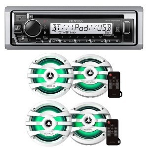 Kenwood KMR-D382BT Marine CD Receiver Compatible w/ Bluetooth with 2 Pairs of KFC-1673MRWL 6.5" 2-way Marine Speaker W/ LED (White) - 1 of 4