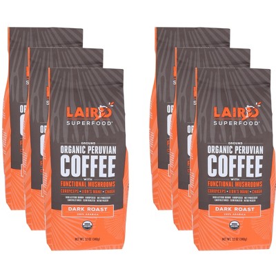 Laird Superfood Coffee Ground Dark Roast Mushroom - Case of 6 - 12 oz