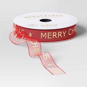 18' Christmas Fabric Ribbon Merry Christmas on Red Sheer - Wondershop™ - 1 of 3