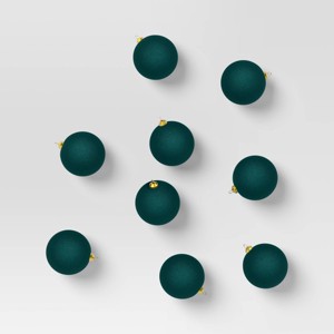 9ct 80mm Christmas Flocked Ball Ornament Set Dark Green - Wondershop™ - 1 of 4