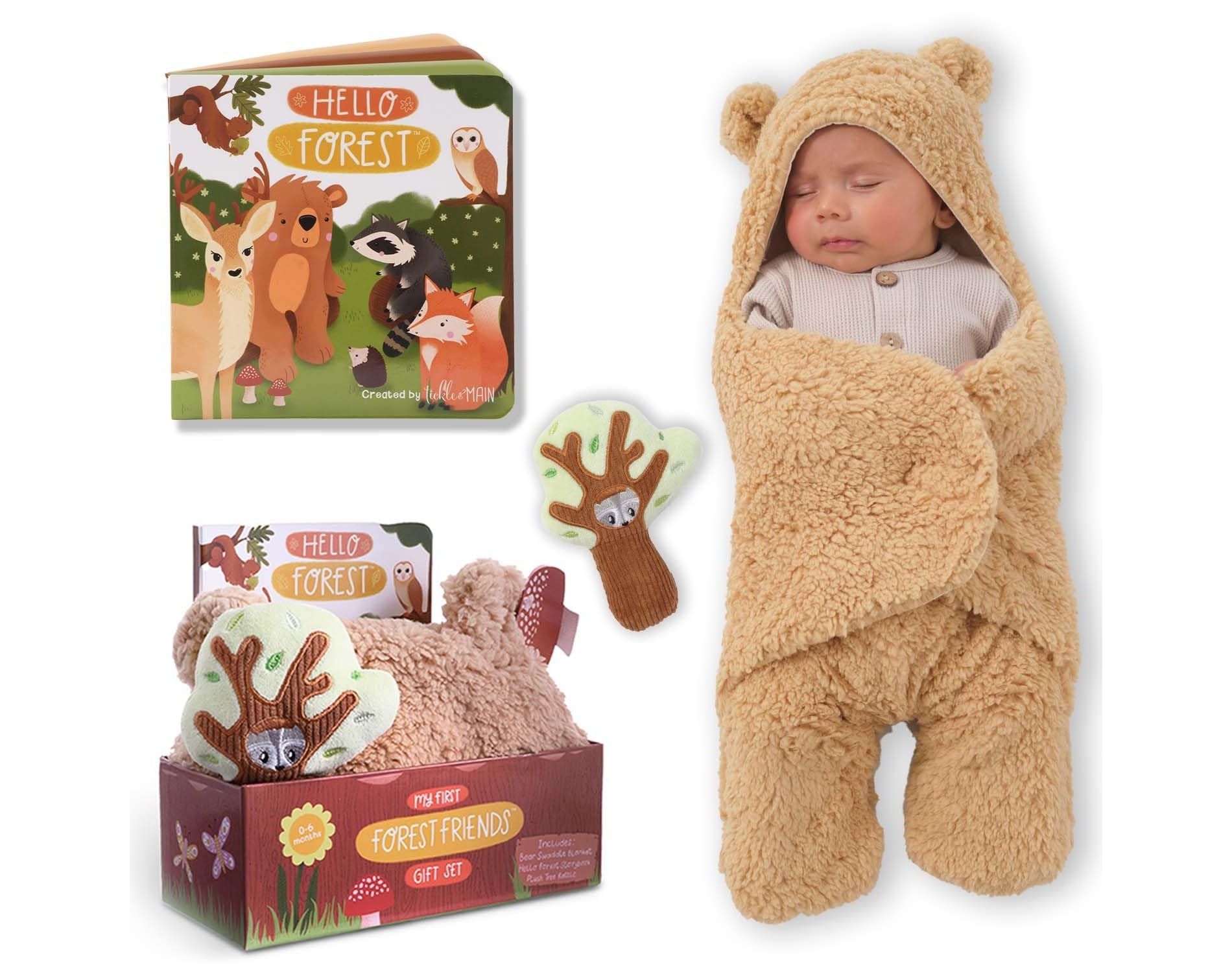 Tickle & Main 3-Piece Gift Set for Infants 0-12 Months, Storybook, Bear Swaddle Blanket and Plush Baby Rattle