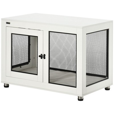 Large White Wooden Dog Crate Table with Mesh Panels