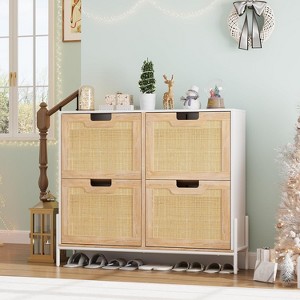 Natural Rattan Storage Cabinet with 2 Flip Drawers, Wooden Entry Way Shoe Cabinet with Storage with Adjustable Shelf and Metal Legs - 1 of 4