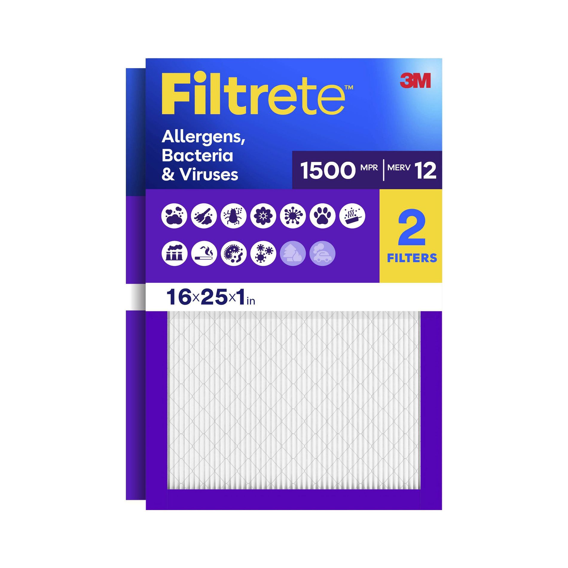 Filtrete 16x25x1 2pk Allergen Bacteria and Virus Air Filter 1500 MPR: Furnace Filter, MERV 12, Electrostatic, 3-Month Use