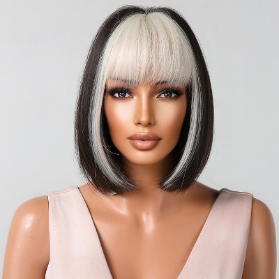 Jessie's Wig 10 Inch Short Bob Wig With Bangs Synthetic Hair Black With Platmium Blonde 1 Pc/Pack