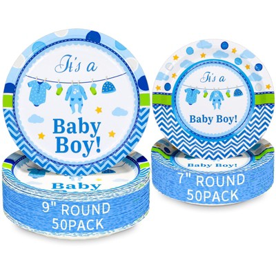 DYLIVeS 100 Pack Blue Baby Boy Paper Dinner Plates, Dessert Plates Disposable Party Tableware for Baby Boy Shower Party Decorations and Supplies