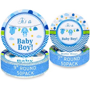 Hachikiko 100 Pack Blue Baby Boy Paper Dinner Plates, Dessert Plates Disposable Party Tableware for Baby Boy Shower Party Decorations and Supplies - 1 of 4
