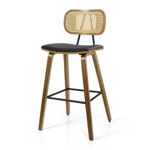 Bekrvio 26" Mid Century Modern Counter Height Bar Stools - Rattan Cane Back, Wood, PU Leather Upholstered for Kitchen Island Dining - 1 of 4