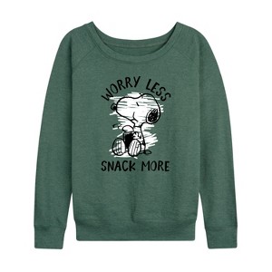 Women's - Peanuts - Worry Less Snack More Snoopy Lightweight French Terry Wide Neck Long Sleeve Shirt - 1 of 4