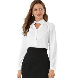Allegra K Women's Choker Neck Long Sleeve Turn Down Collar Work Shirt - 1 of 4