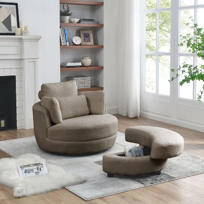 Estelle 39" Wide Oversized 360° Swivel Barrel Chair Teddy Fabric Upholstered And 4 Pillows Moon Storage Ottoman Armchair-Maison Boucle