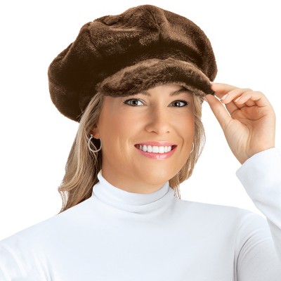Collections Etc Faux Fur Newsboy Winter Hat, Stylish Plush Cap