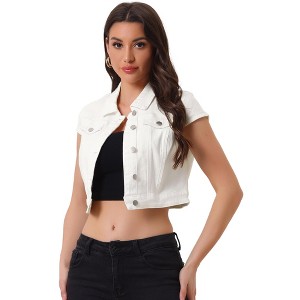 INSPIRE CHIC Women's Summer Denim Button Down Short Sleeve Cropped Jean Jackets - 1 of 4