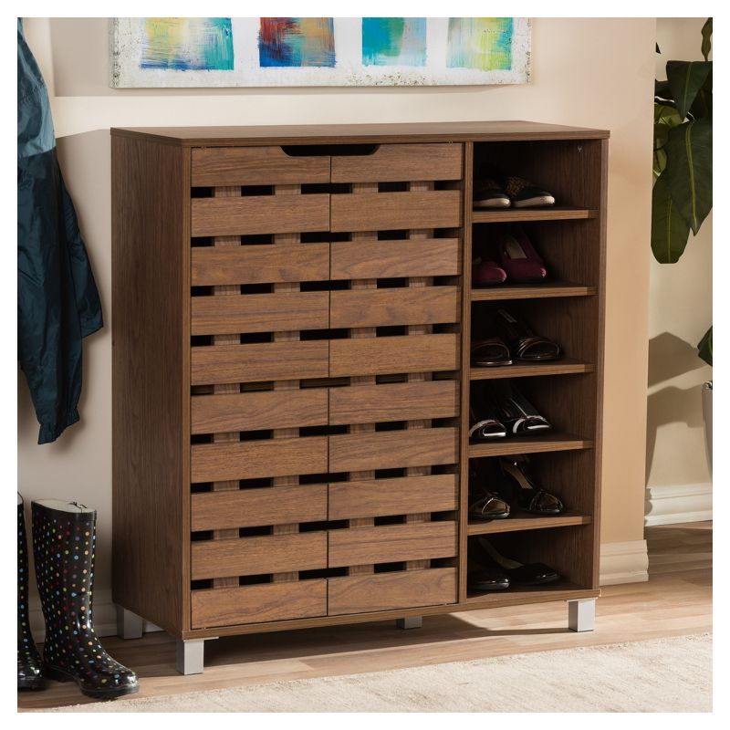 Shirley Modern and Contemporary 2 - Door Shoe Cabinet with Open Shelves - Walnut Brown - Baxton Studio, 5 of 6