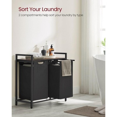 Rustic Brown and Black Laundry Sorter with Shelf and Pull-Out Bags