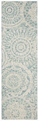 Ivory and Blue Handmade Tufted Wool Abstract Runner Rug