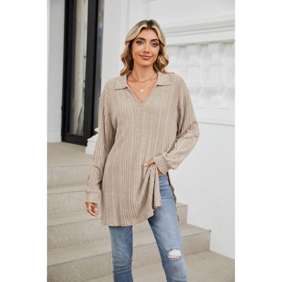 Women's Long Sleeve V-Neck Tunic Sweater Oversized Split Side Blouse