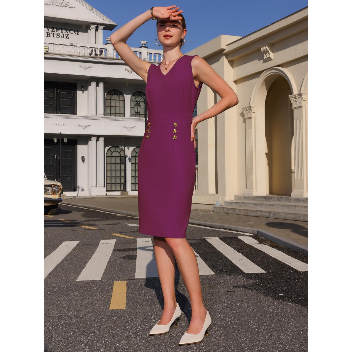 Женские платья INSPIRE CHIC Women's Sleeveless V Neck Button Decor Wear to Work Sheath Dress Large Purple — фото 4