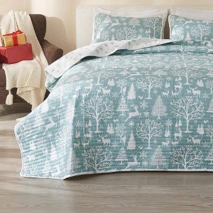 King Blue Winter Forest Quilt Set with Shams -with Versatile Holiday Pattern Bedding Set Includes 1 Quilt, 2 Pillow Shams - 1 of 4