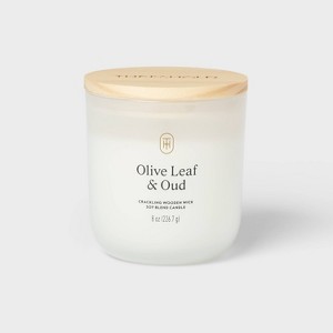 Milky Glass Wooden Wick Olive Leaf and Oud Jar Candle 8oz - Threshold™ - 1 of 3