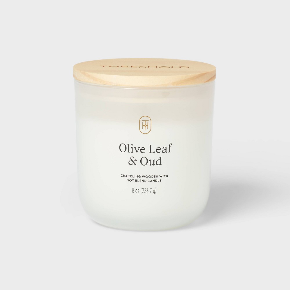 Milky Glass Wooden Wick Olive Leaf and Oud Jar Candle 8oz - Threshold