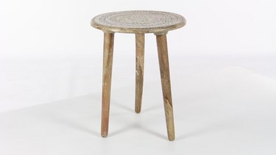 Intricately Carved Mango Wood Round Accent Table - Brown, 22"x17"