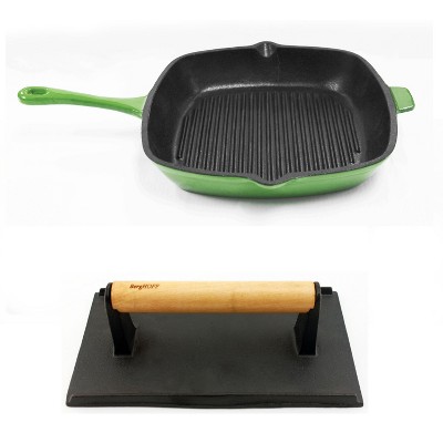 MegaChef 11 Square Enamel Cast Iron Grill Pan with Matching Grill Press in Blue