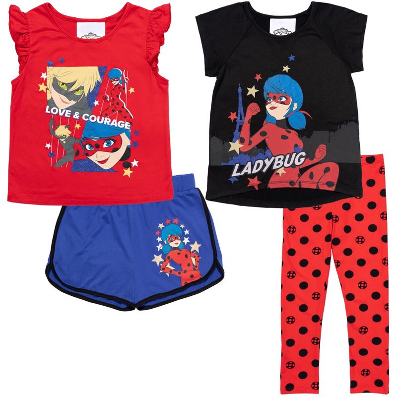 Miraculous Cat Noir Ladybug Girls Dolphin Active Shorts Leggings Tank Top and T-Shirt 4 Piece Outfit Set Little Kid to Big Kid, 1 of 10