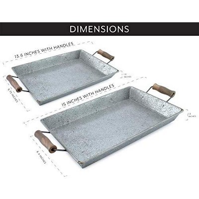 Silver Galvanized Rectangular Trays with Wooden Handles, Set of 2