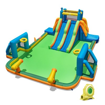 Tangkula Inflatable Water Slide 19x17FT Large WaterPark w/Dual Long Slides & Climbing Walls 2 Soccer Gates & Canons Giant Splash Pool 1100w Blower