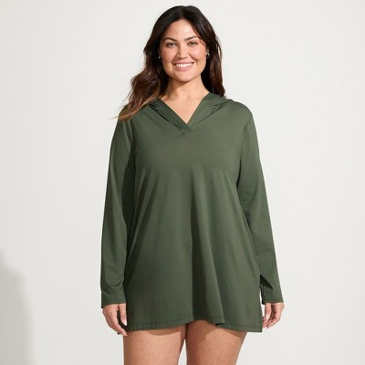 Lands' End Women's Cotton Jersey Long Sleeve Hooded Swim Cover-up Dress
