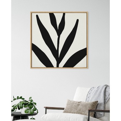 Modern Botanical Black and White Canvas Wall Art with Natural Frame