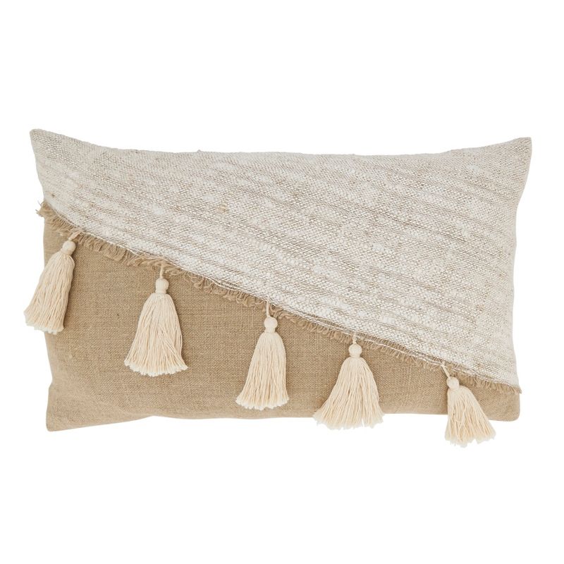 Saro Lifestyle Chic Poly Filled Pillow with Bohemian Flair, Beige, 16"x24", 1 of 4