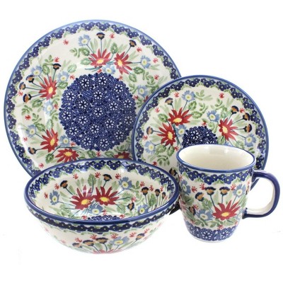 Blue Rose Polish Pottery Jungle Bouquet 16 Piece Dinner Set