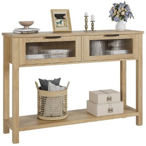 Farmhouse Console Table with 2 Glass Drawers & Shelf - 1 of 4