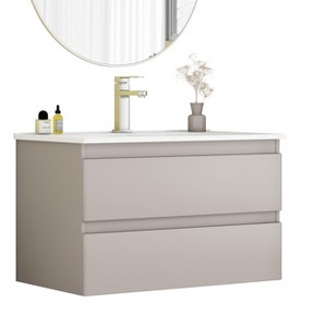 Gulches 32 in 1 Sink Wall-Mounted Vanity Mocha Gray Bath Vanity with White Ceramic Top Double Soft-Close Drawers Rounded Fronts Handle-Free - 1 of 4