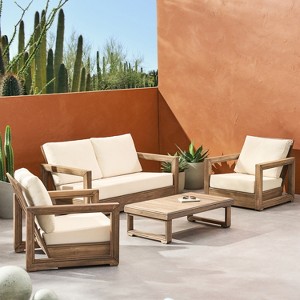 Christopher Knight Home Andrae Outdoor Acacia Wood 4 Seater Chat Set with Cushions, Brown and Beige - 1 of 4