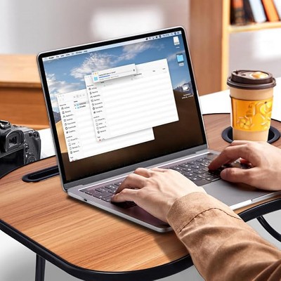 ACEPANO Portable Folding Side Table with Cup Holder & Drawer for Sofa-Walnut