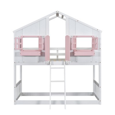 VYNXARIA Twin Sized Pink House - Style Bunk Bed Complete with Roof Window, Frame, Door, Safety Rail and Ladder