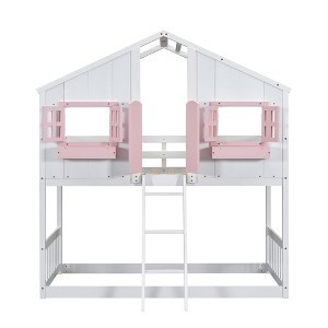 VYNXARIA Twin Sized Pink House - Style Bunk Bed Complete with Roof Window, Frame, Door, Safety Rail and Ladder - 1 of 4