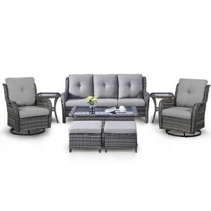 Belord 8PCS Wicker Patio Furniture Set, Outdoor Conversation Set with 2 Swivel Rocker Chairs, 1 Patio Couch, 1 Coffee Table, 2 Ottomans, 2 Side Table - 1 of 4